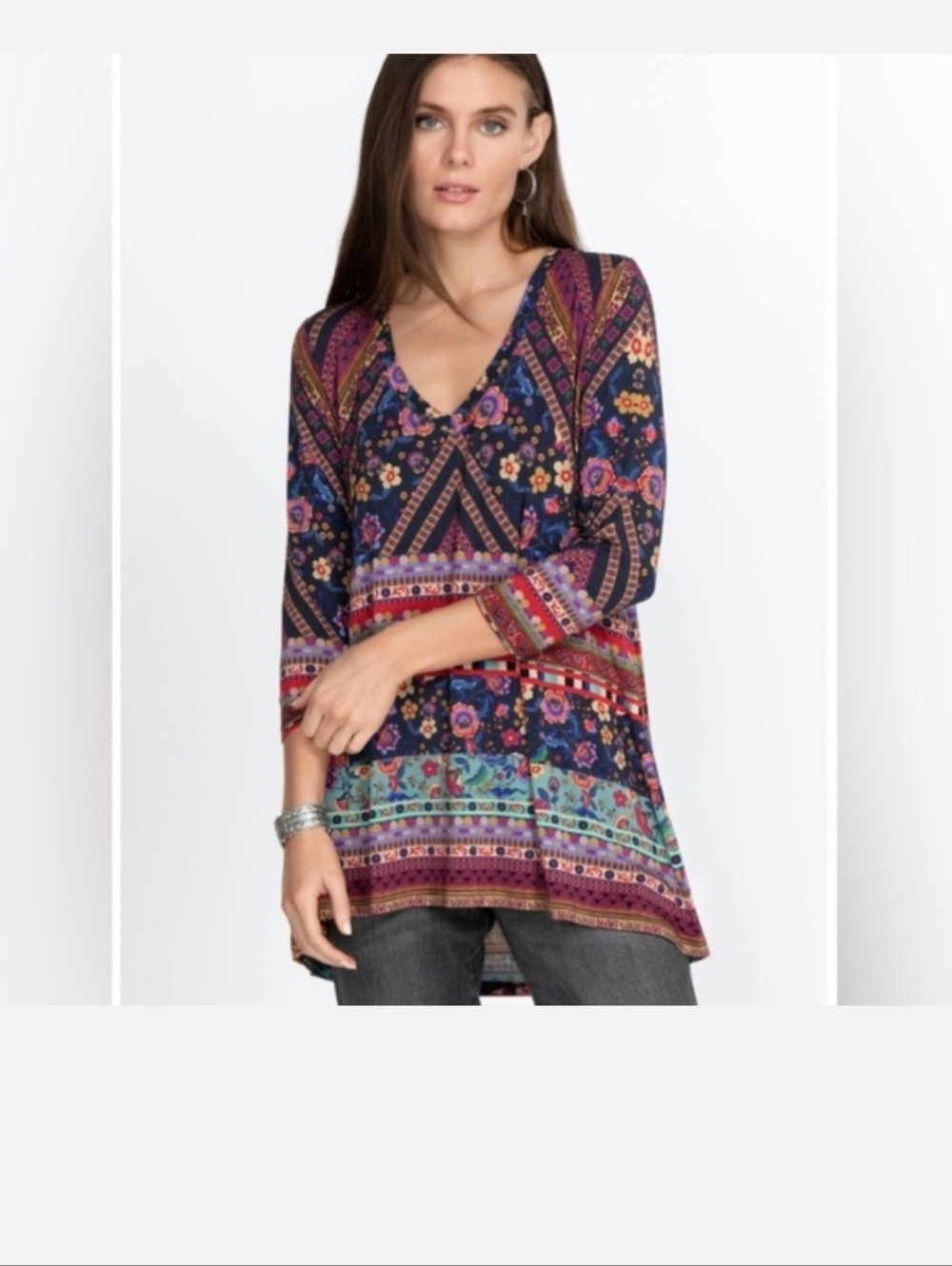 Johnny Was Navy Multi Floral Border V-Neck Tunic